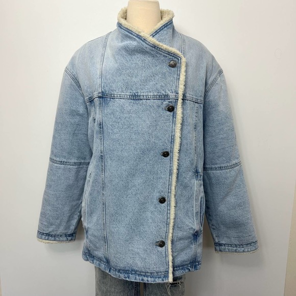 Free People Twisted Heart Cozy Denim Jacket Sherpa Lined | Size: Large - Picture 2 of 11